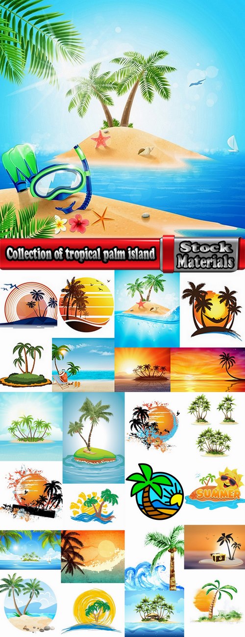 Collection of tropical palm island ocean sunrise sunset tourism travel banner flyer 25 EPS