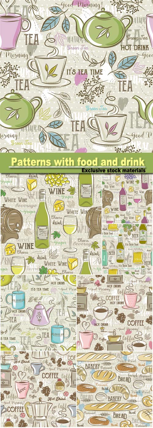 Seamless patterns with coffee, wine and breads