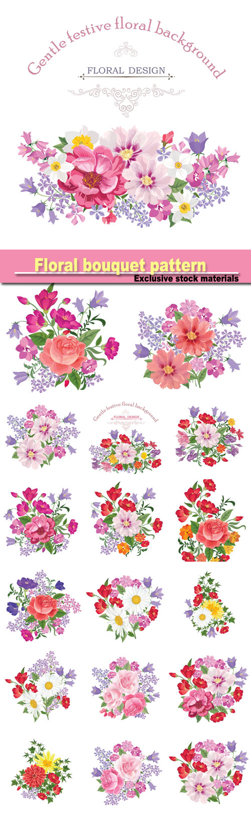 Floral bouquet pattern, vintage vector card with flowers
