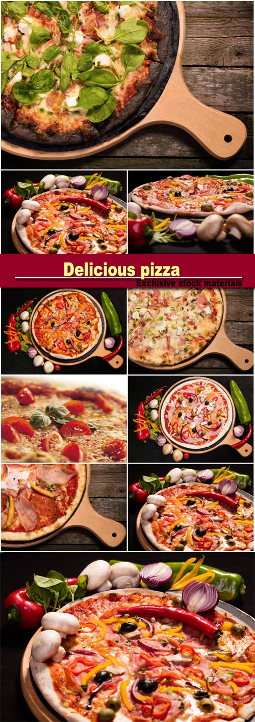Delicious pizza, meat, vegetables, mushrooms