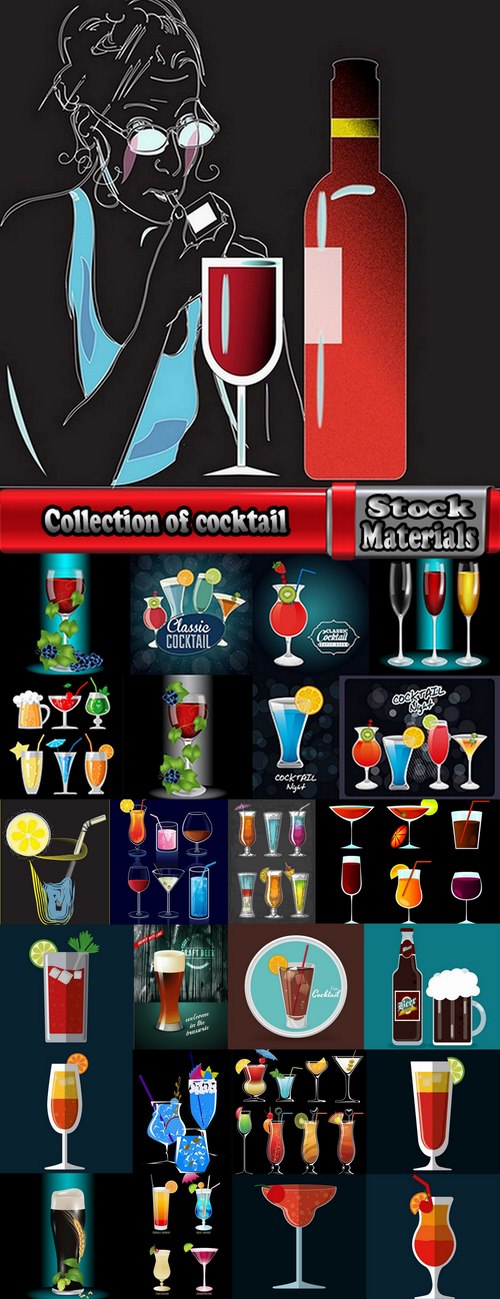 Collection of cocktail drink fresh glass cup vector image 25 EPS