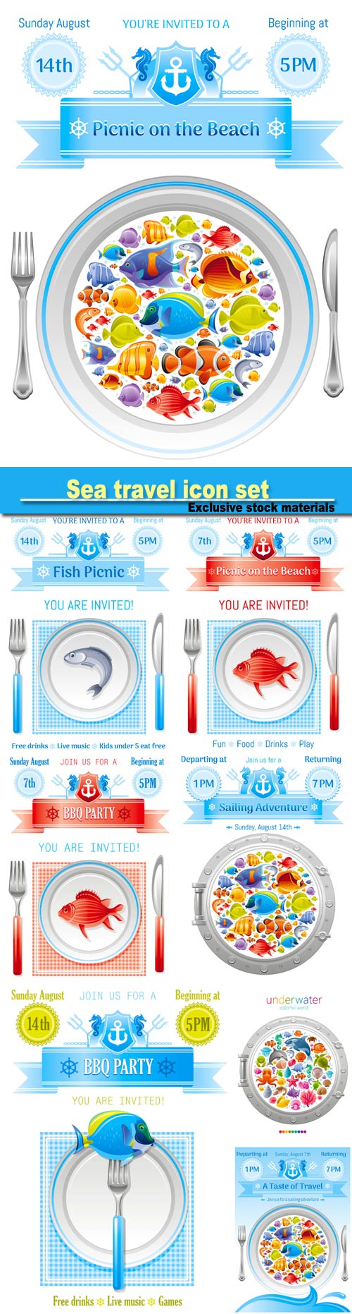 Sea travel icon set with underwater diving animals, dolphin, killer whale, starfish, coral, oyster pearl