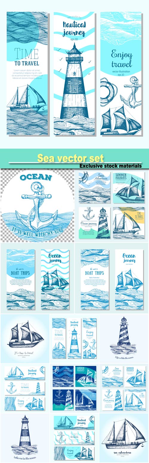 Sea set, nautical elements banner collection, vector illustration