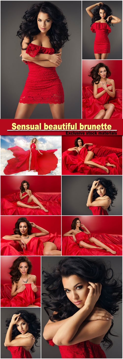 Sensual beautiful brunette woman posing in red dress, girl with long curly hair