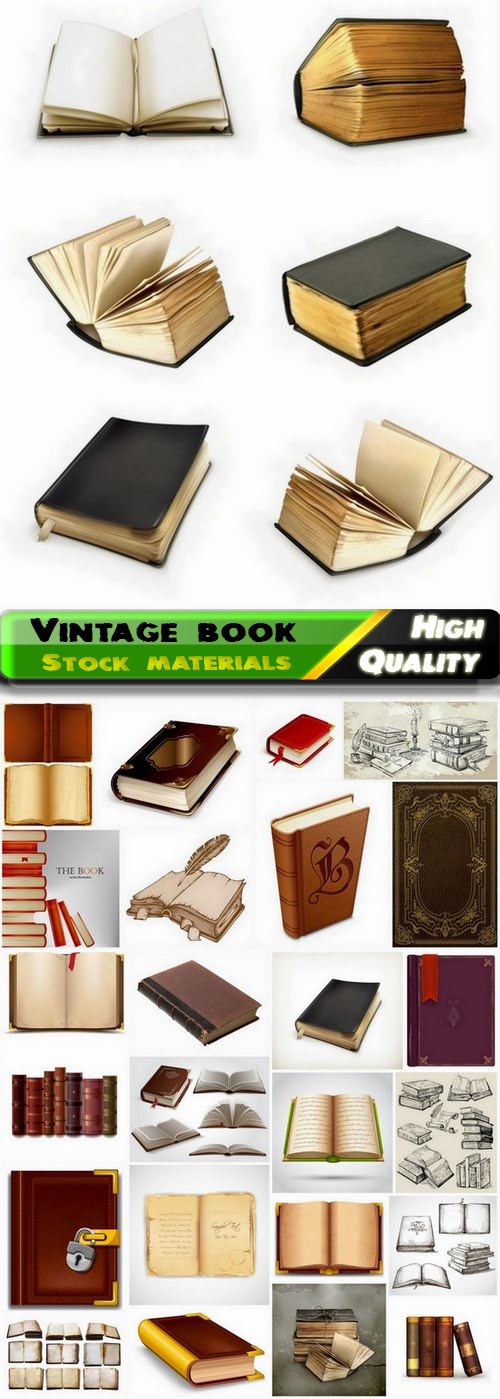Vintage book with old cover and yellowed paper page - 25 Eps