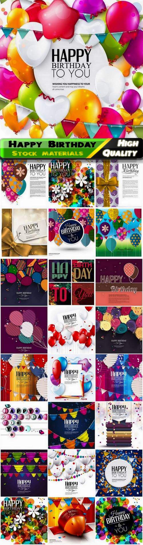 Happy Birthday holiday card with balloons flags confetti - 25 Eps