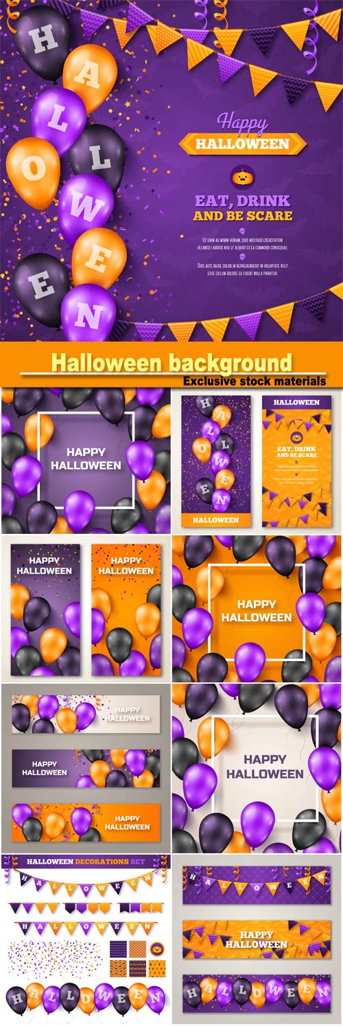 Halloween background with black, violet and orange balloons
