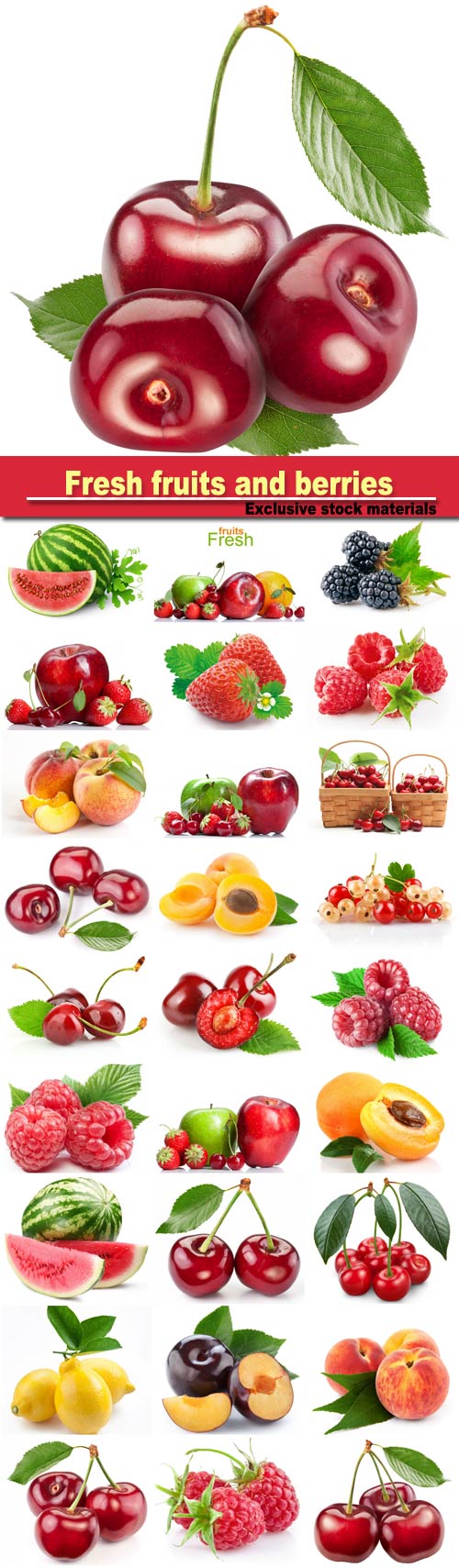Fresh fruits and berries: raspberries, strawberries, peaches, apricots, cherries