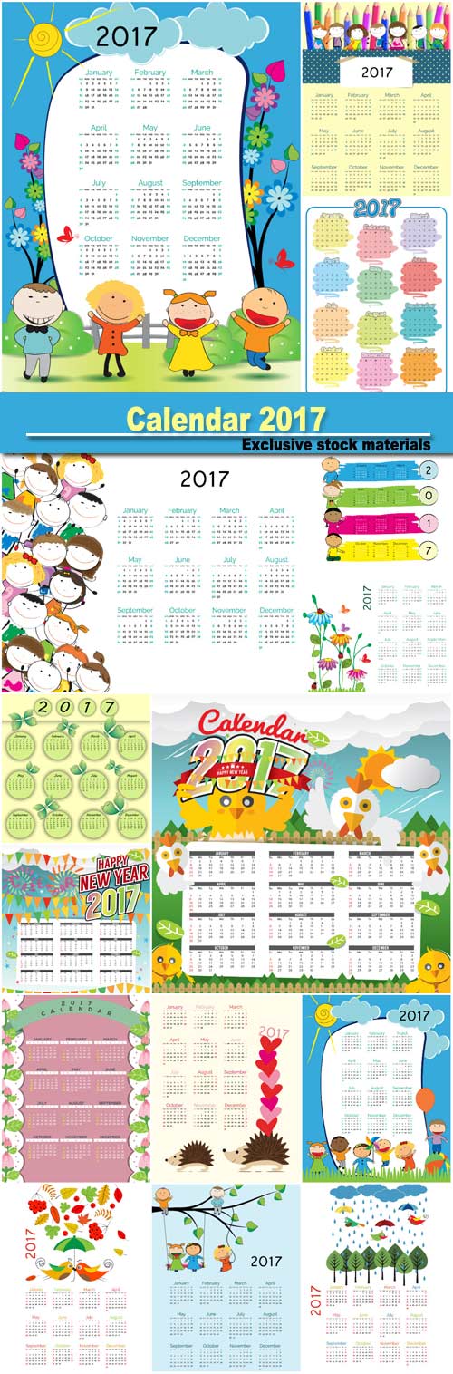 Calendar 2017, vector illustrations of children's