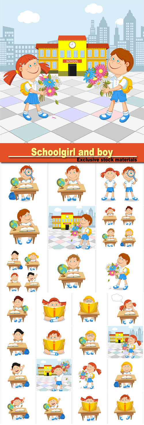 Schoolgirl and boy student with a bouquet in hand, go to school, vector illustration