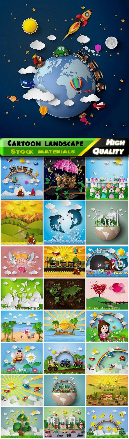 Cute cartoon paper 3D nature landscape and scenery - 25 Eps