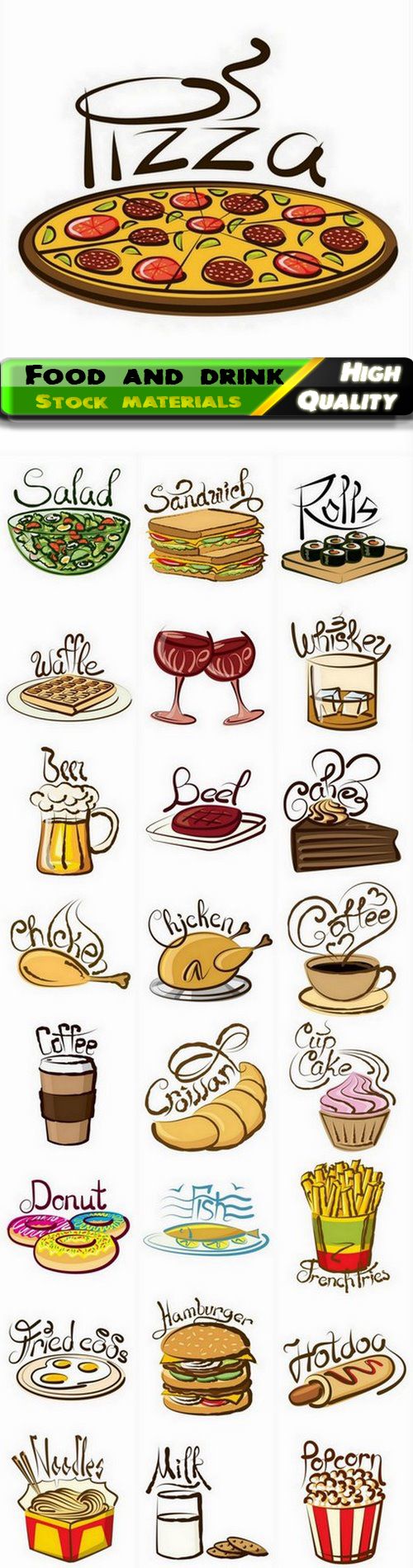 Set of food and drink illustration with description - 25 Eps