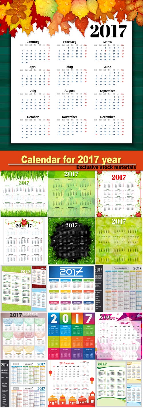 Calendar for 2017 year with colorful background vector