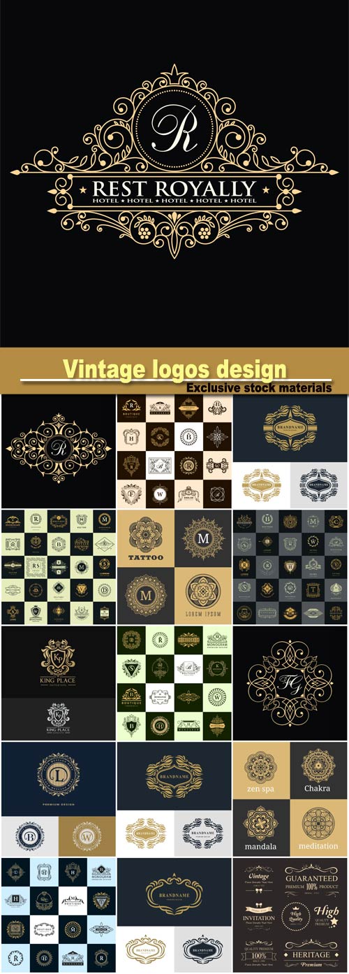 Line graphics monogram, vintage logos design templates set, vector logotypes elements collection, icons symbols, premium collection