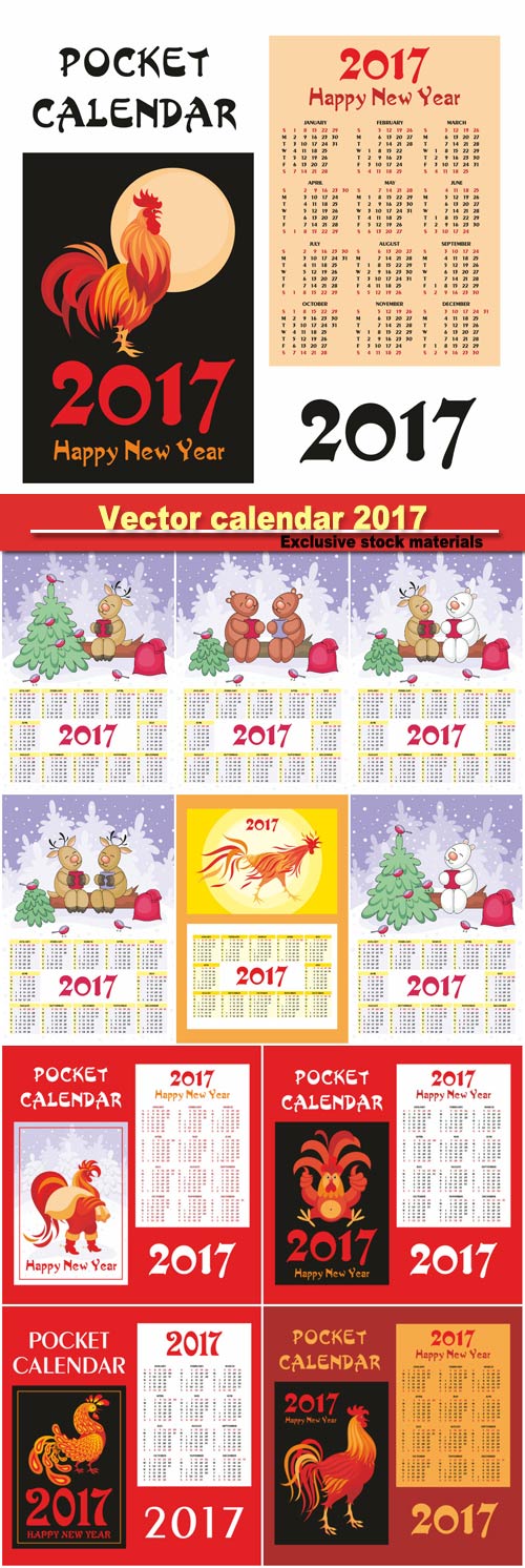 Vector calendar 2017 with deer and fiery cocks