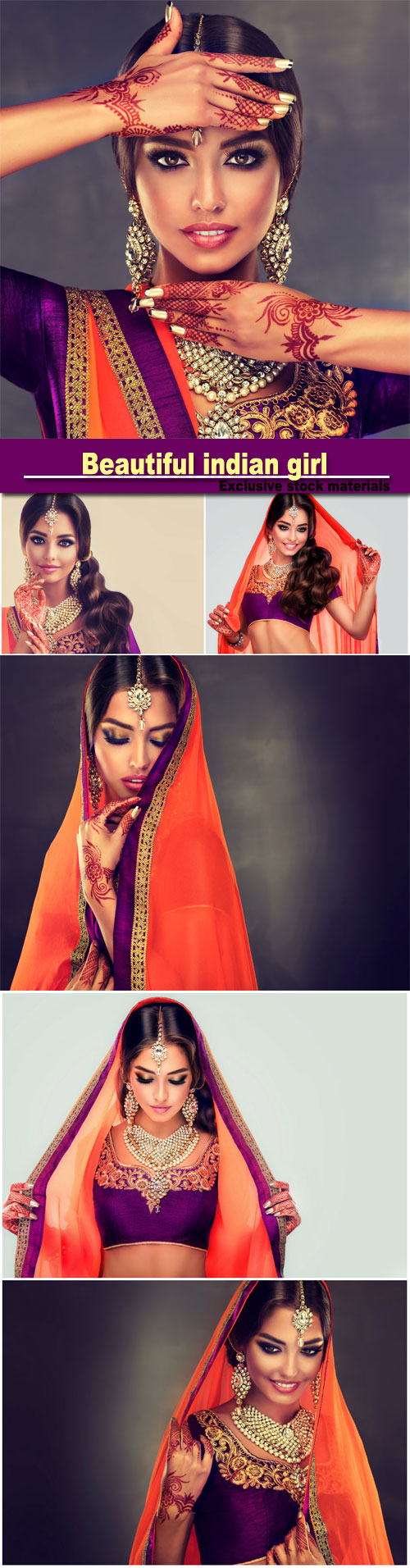 Portrait of beautiful indian girl, young hindu woman model with tatoo mehndi and kundan jewelry, traditional Indian costume lehenga choli